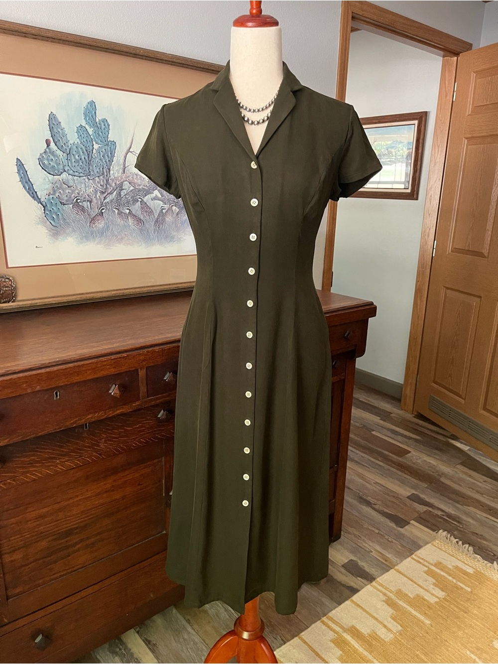 Vtg RL 8P Olive Green Silk A-line Dress button down